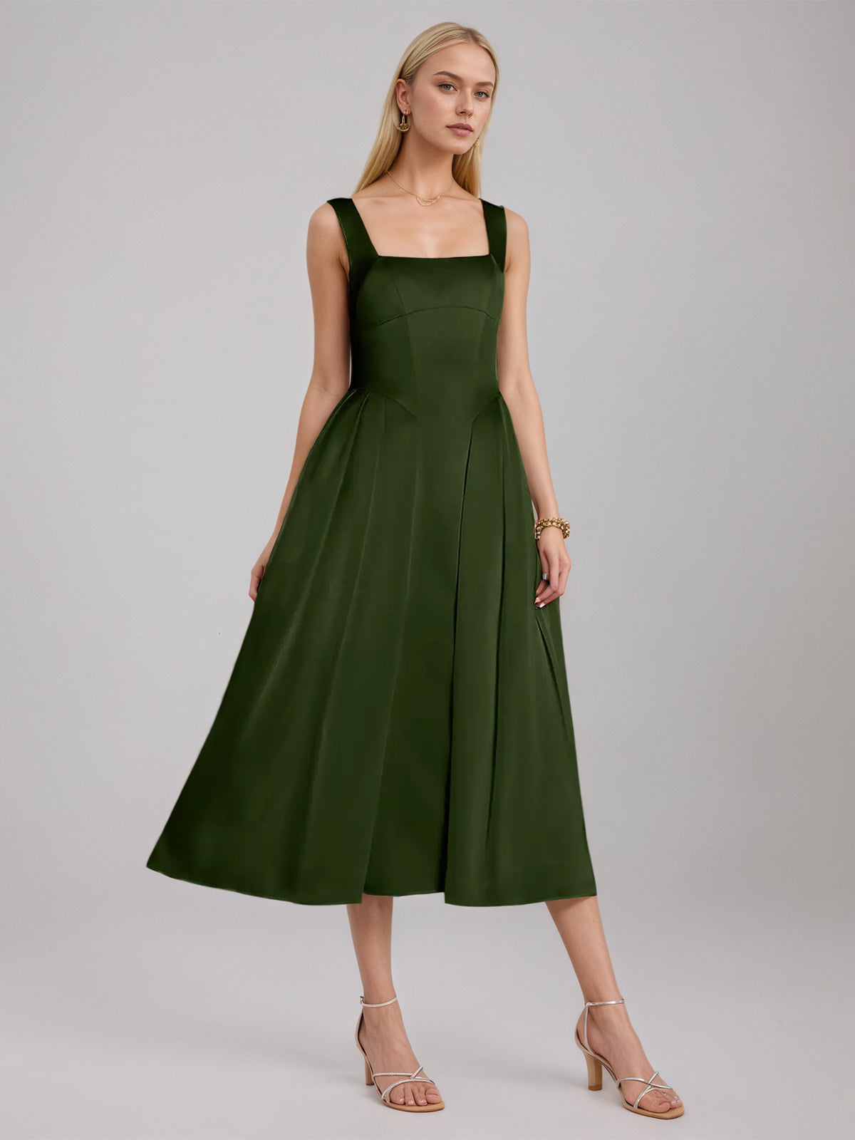 Olive Green A Line Satin Square Neck Sleeveless Tea Length Dress