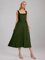 Olive Green A Line Satin Square Neck Sleeveless Tea Length Dress