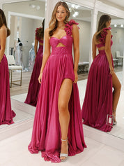 Fuchsia A-Line One Shoulder Metallic Long Prom Dress with Slit