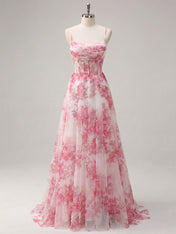 Pink Floral Corset Tulle Long Prom Dress with Delicate Spaghetti Straps