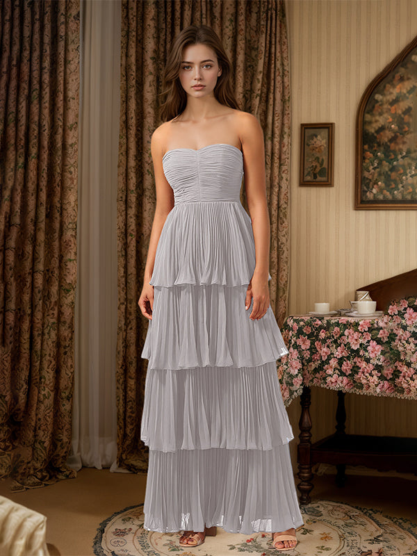 Burgundy A-Line Sweetheart Floor Length Tiered Chiffon Bridesmaid Dress