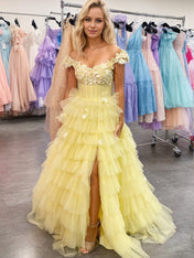 3D Floral Lace Off-the-Shoulder Ruffle Tiered Prom Dress