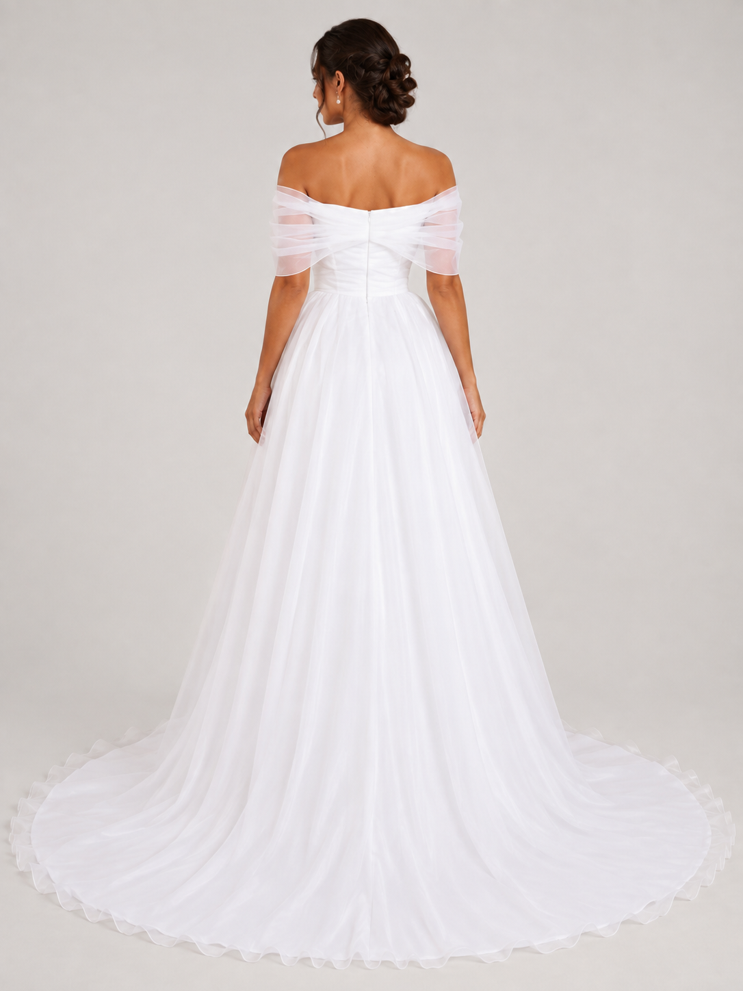 Elegant Ruched Off-the-Shoulder Tulle A-Line Wedding Dress with Sweep Train