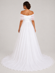 Elegant Ruched Off-the-Shoulder Tulle A-Line Wedding Dress with Sweep Train