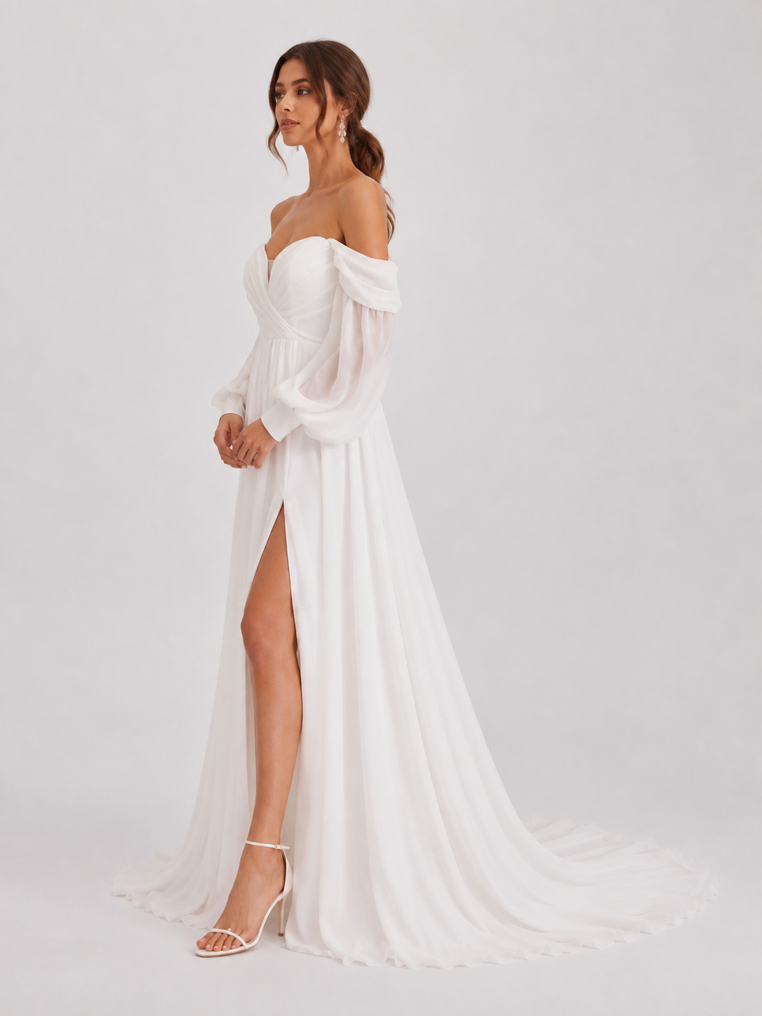 Elegant Off-the-Shoulder Long Sleeve Ruched Chiffon A-Line Wedding Dress with High Slit and Chapel Train