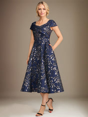 A-Line V-Neck Tea-Length Jacquard Floral Mother of the Bride Dress