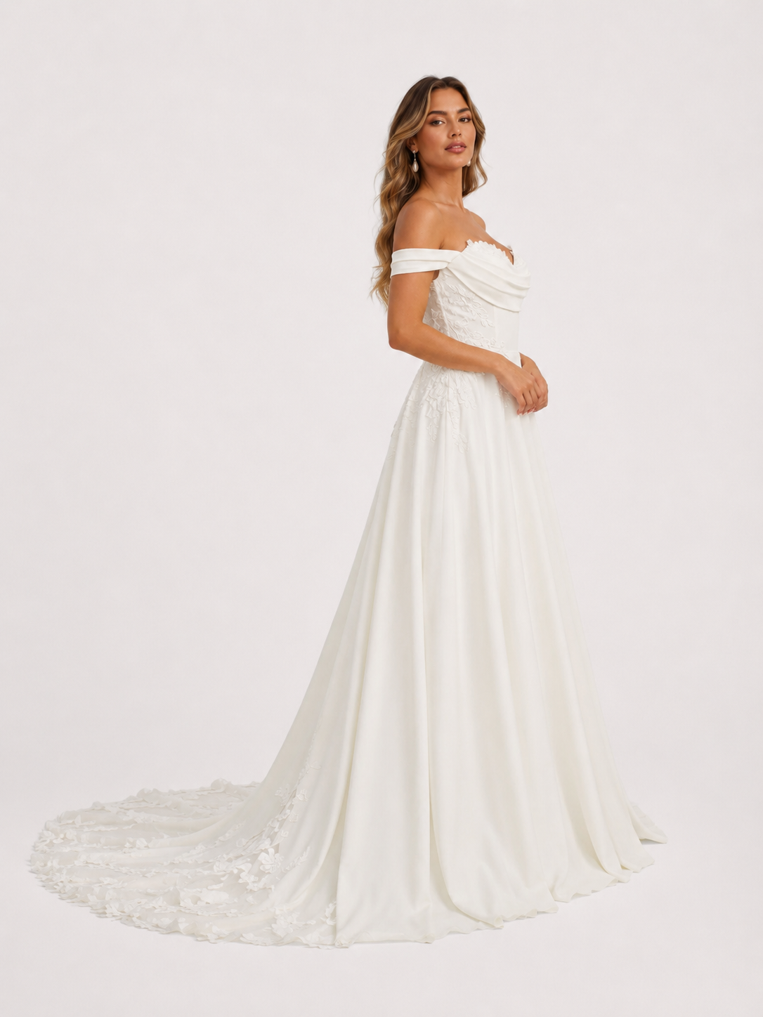 Elegant Off-the-Shoulder Draped Satin A-Line Wedding Dress with Chapel Train