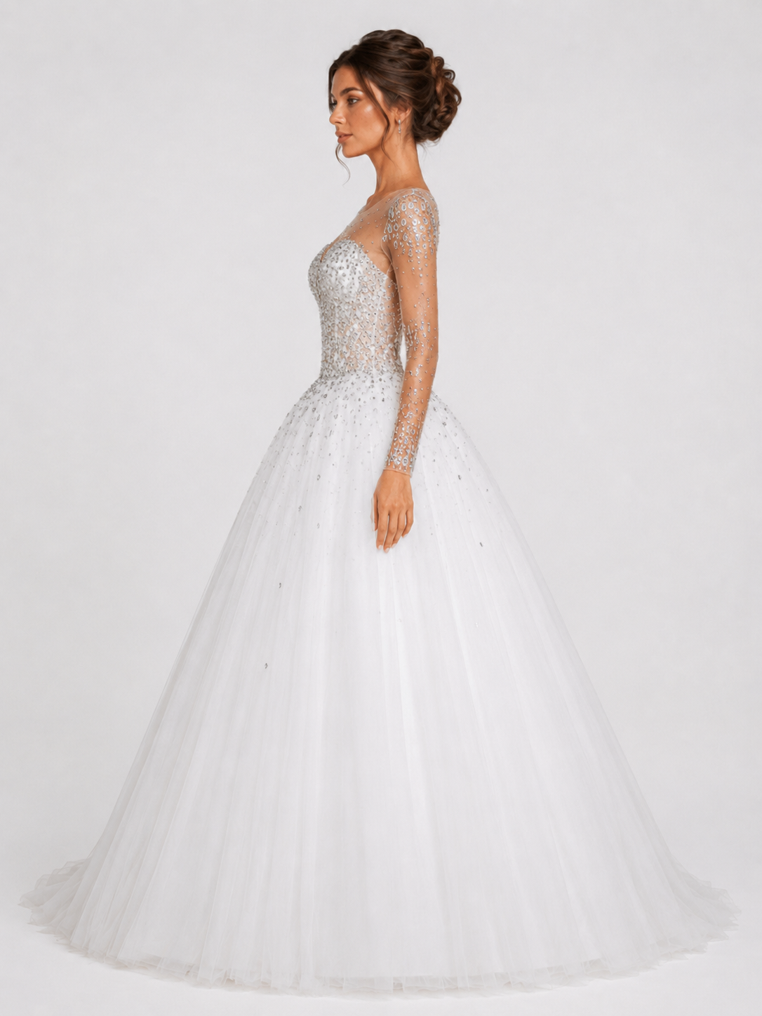 Beaded Illusion Long Sleeve Tulle A-Line Wedding Dress with Sweep Train