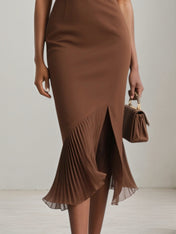 Brown Pleated Slit Classic Boat Neck Sleeveless Mermaid Midi Dress