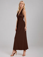 Moca Coco Sheath/Column Satin Halter Neck Sleeveless Ankle Length Dress