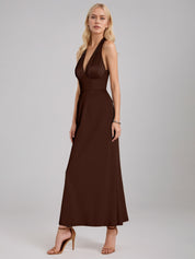 Moca Coco Sheath/Column Satin V Neck Sleeveless Ankle Length Dress