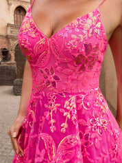 Sparkly Fuchsia A Line Floral Corset V-Neck Sequin Prom Dress