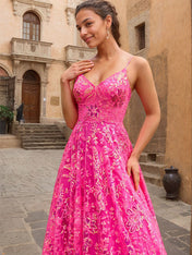 Sparkly Fuchsia A Line Floral Corset V-Neck Sequin Prom Dress