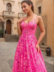 Sparkly Fuchsia A Line Floral Corset V-Neck Sequin Prom Dress