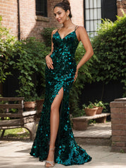 Sparkly Lace Up Back V-Neck Corset Sequin Mermaid Maxi Dress With Slit