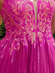 Fuchsia A Line Sweetheart Corset Pleated Prom Dress with Lace Appliques
