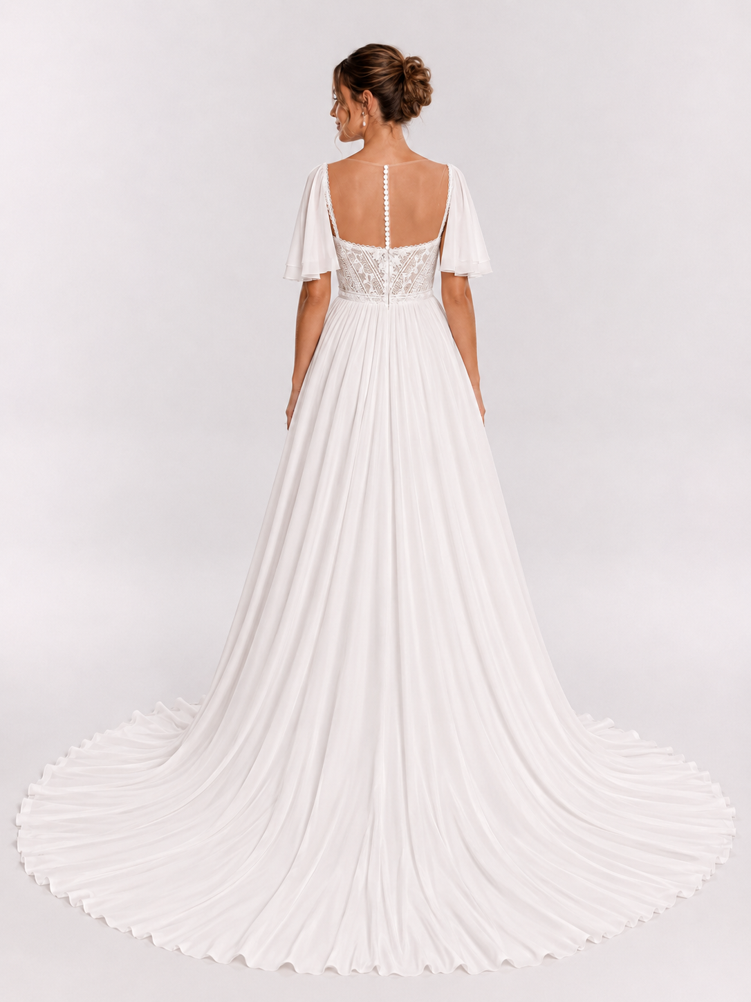 Elegant Sweetheart Lace Bodice Chiffon A-line Wedding Dress with Flutter Sleeves and High Slit