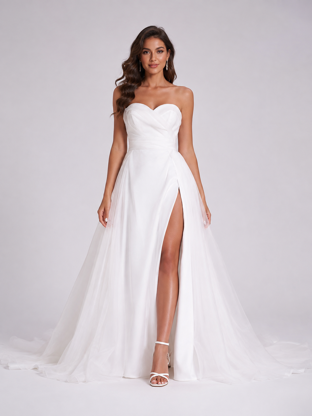 Elegant Strapless Ruched Satin A-Line Wedding Dress with High Slit and Chapel Train