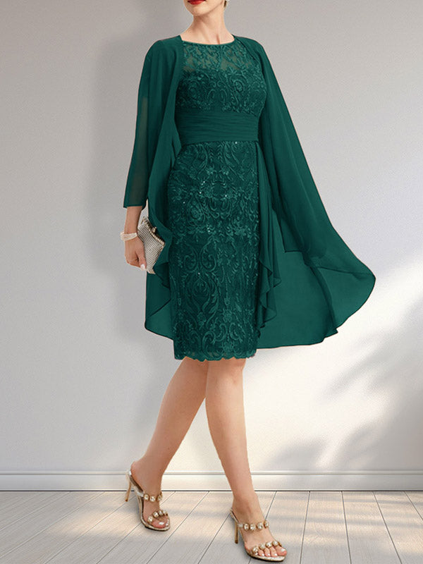 Sheath Scoop Illusion Knee-Length Lace Chiffon Mother of the Bride Dress With Cascading Ruffles Sequins