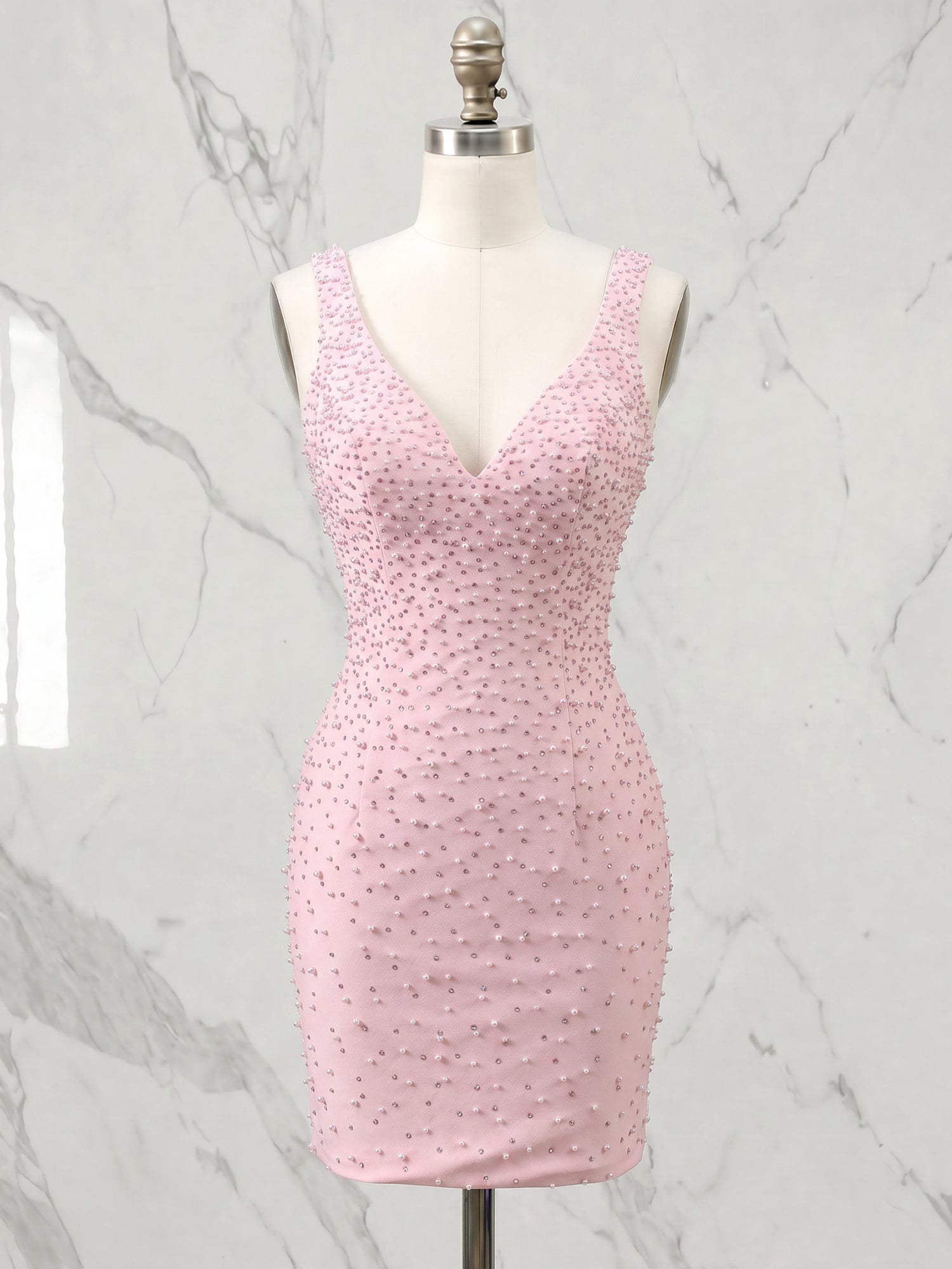 Deep V-Neck Allover Pearl Embellished Bodycon Mini Dress Homecoming Dresses
