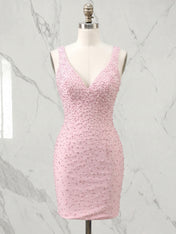 Deep V-Neck Allover Pearl Embellished Bodycon Mini Dress Homecoming Dresses