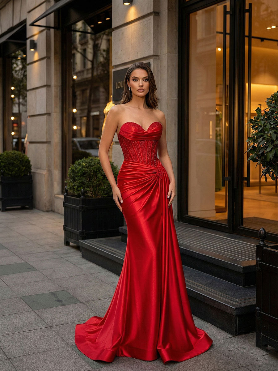 Glamorous Red Strapless Beaded Corset Satin Prom Dress with Slit
