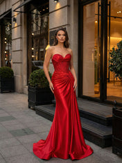Glamorous Red Strapless Beaded Corset Satin Prom Dress with Slit