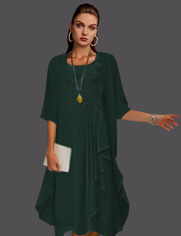 Two Piece A-Line Chiffon Lace Sleeveless Jacket Dresses with Pleats Appliques
