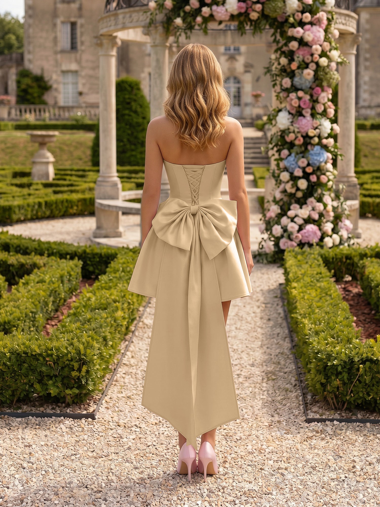 Architectural Blush Pink Strapless High-Low Satin Homecoming Mini Dress