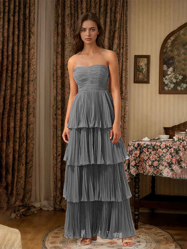 Burgundy A-Line Sweetheart Floor Length Tiered Chiffon Bridesmaid Dress