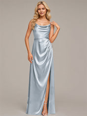 Dusty Blue Sheath/Column Spaghetti Straps Floor-Length Satin Bridesmaid Dress
