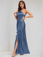 A Line Satin One Shoulder Sleeveless Floor Length Dress With Slit