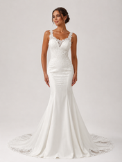 Elegant Spaghetti Strap Lace Applique Satin Mermaid Wedding Dress with Chapel Train
