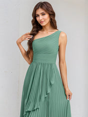 Mist Blue A Line Chiffon One Shoulder Sleeveless Asymmetrical Length Dress With Slit