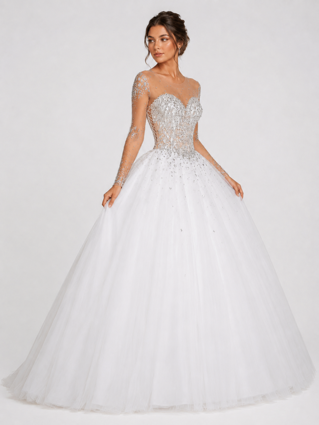 Beaded Illusion Long Sleeve Tulle A-Line Wedding Dress with Sweep Train