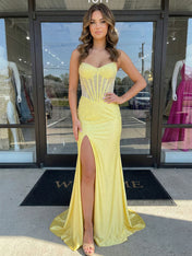 Red Mermaid Strapless Corset Beaded Prom Dress with Slit