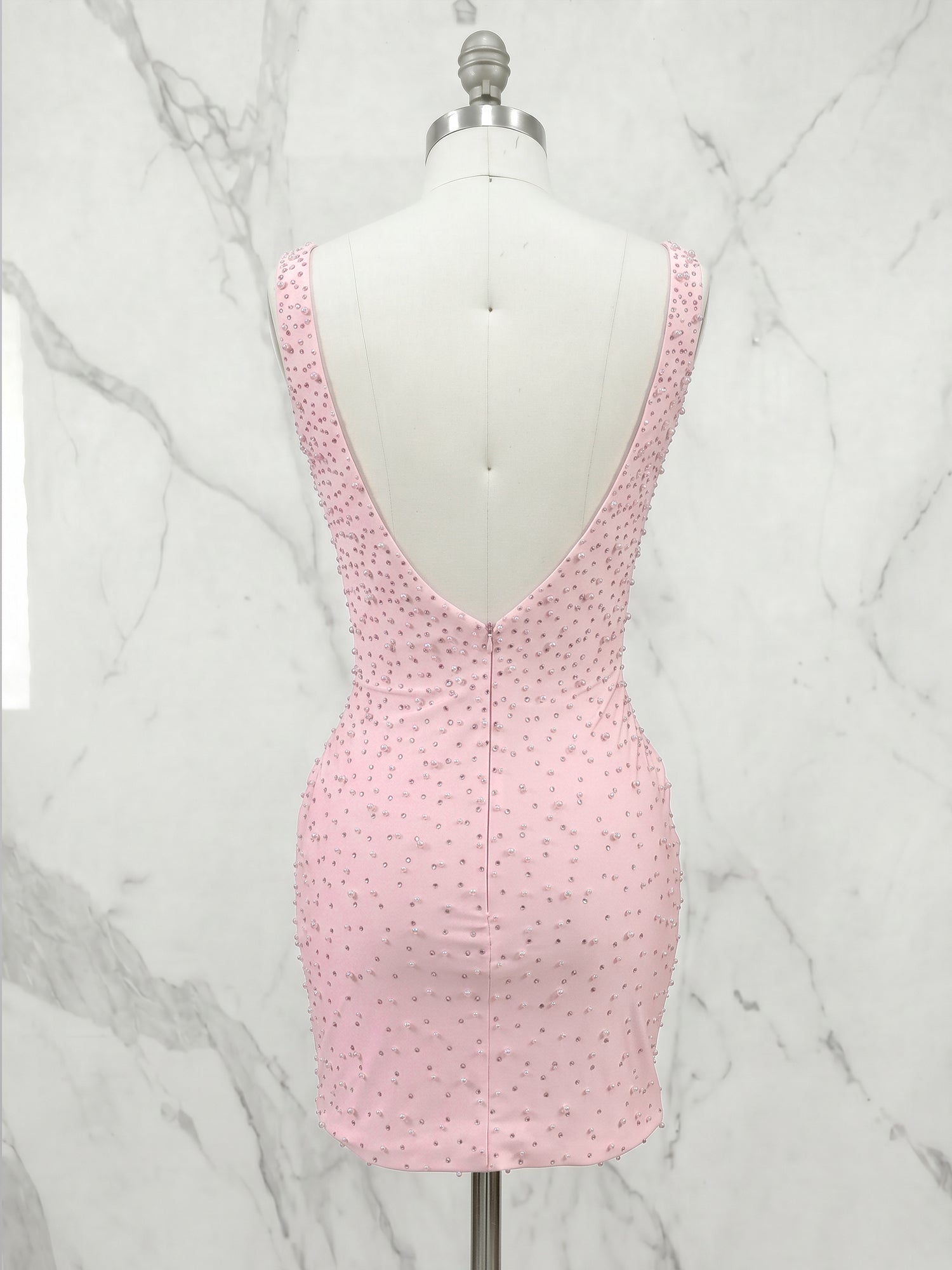 Deep V-Neck Allover Pearl Embellished Bodycon Mini Dress Homecoming Dresses