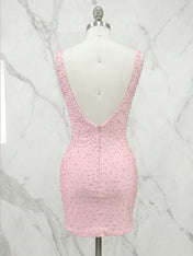 Deep V-Neck Allover Pearl Embellished Bodycon Mini Dress Homecoming Dresses