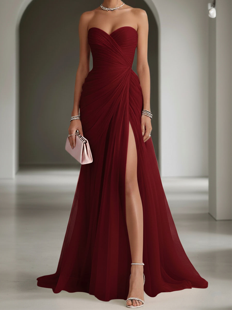 Pink Ruched Slit Tulle Strapless Sleeveless Sheath Gown Dress