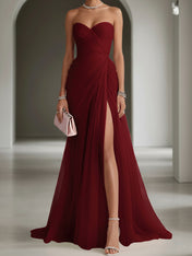 Pink Ruched Slit Tulle Strapless Sleeveless Sheath Gown Dress