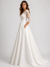 Elegant Lace Applique V-Neck Satin A-Line Wedding Dress with Sweep Train