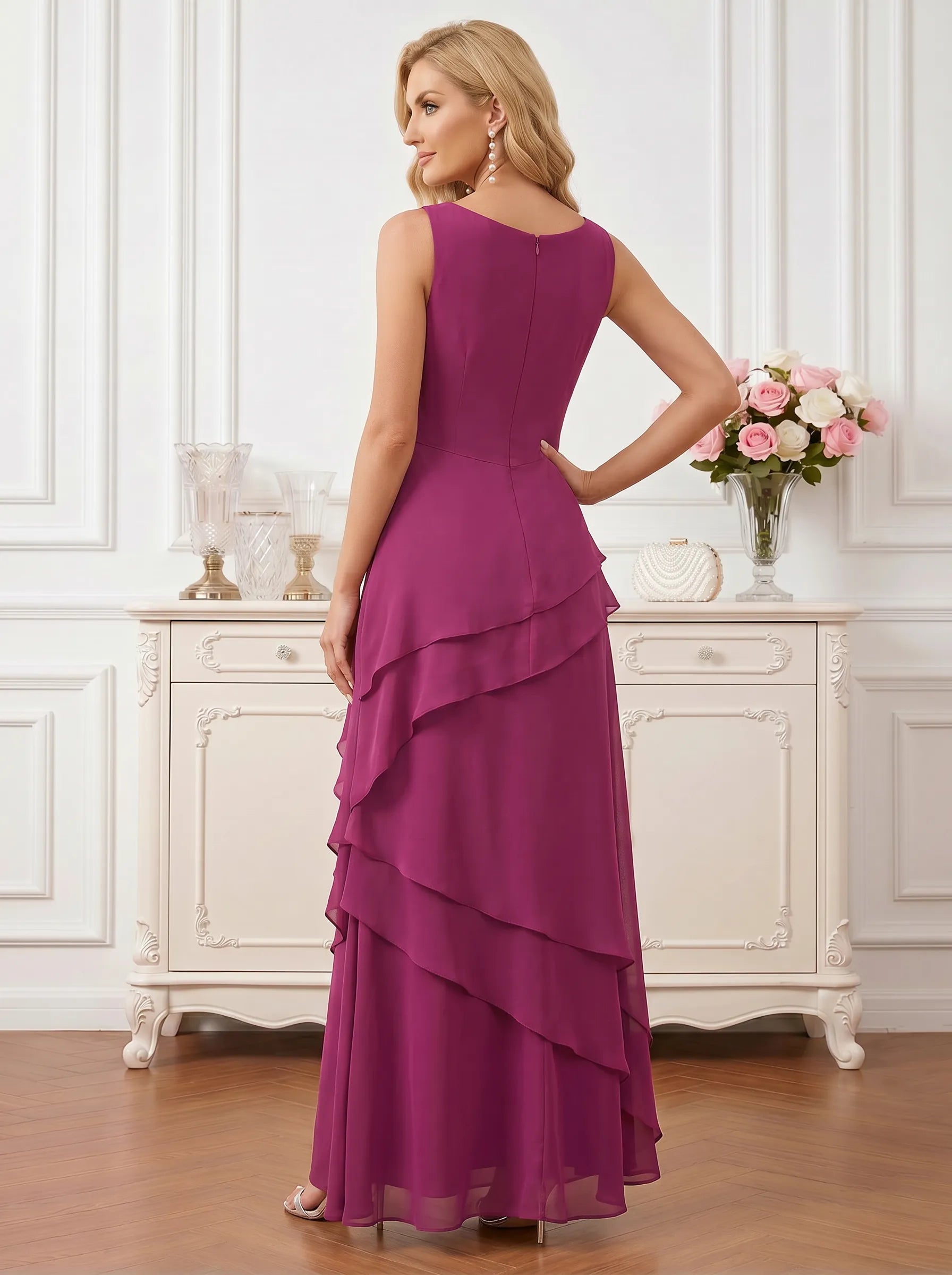 Round Neck Tiered Chiffon A-Line Mother of the Bride Dress with Matching Bolero Jacket