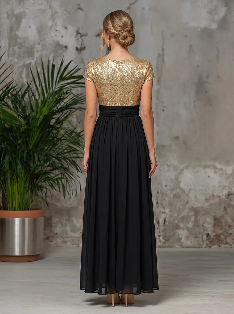 Elegant Sequin Bodice A-Line Evening Dress with Short Sleeves and Flowing Chiffon Skirt