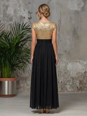 Elegant Sequin Bodice A-Line Evening Dress with Short Sleeves and Flowing Chiffon Skirt