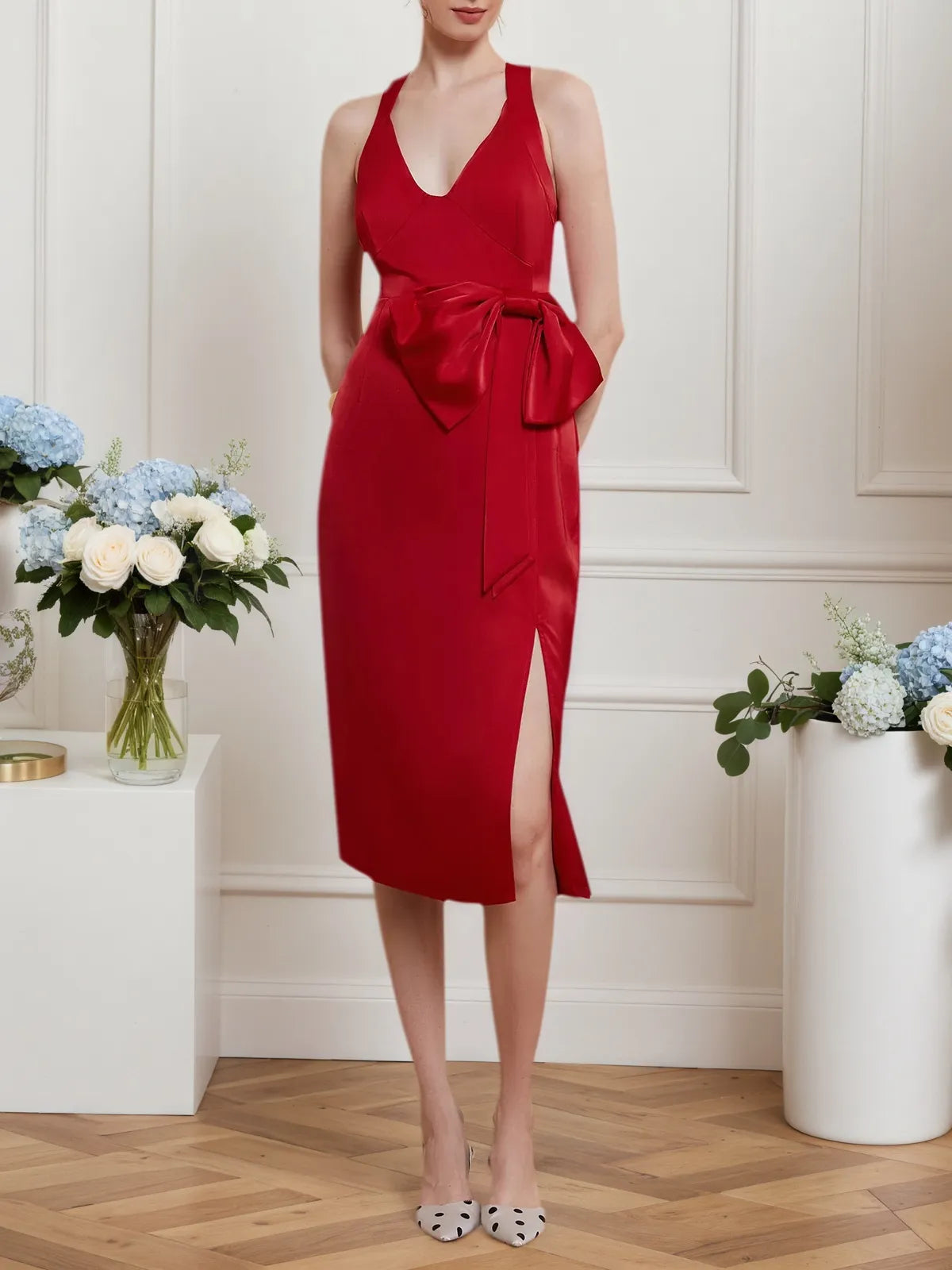Red Bow V Neck Sleeveless Sheath/Column Midi Dress