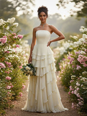 Elegant Strapless Sleeveless Ruffles Long Bridesmaid Dress