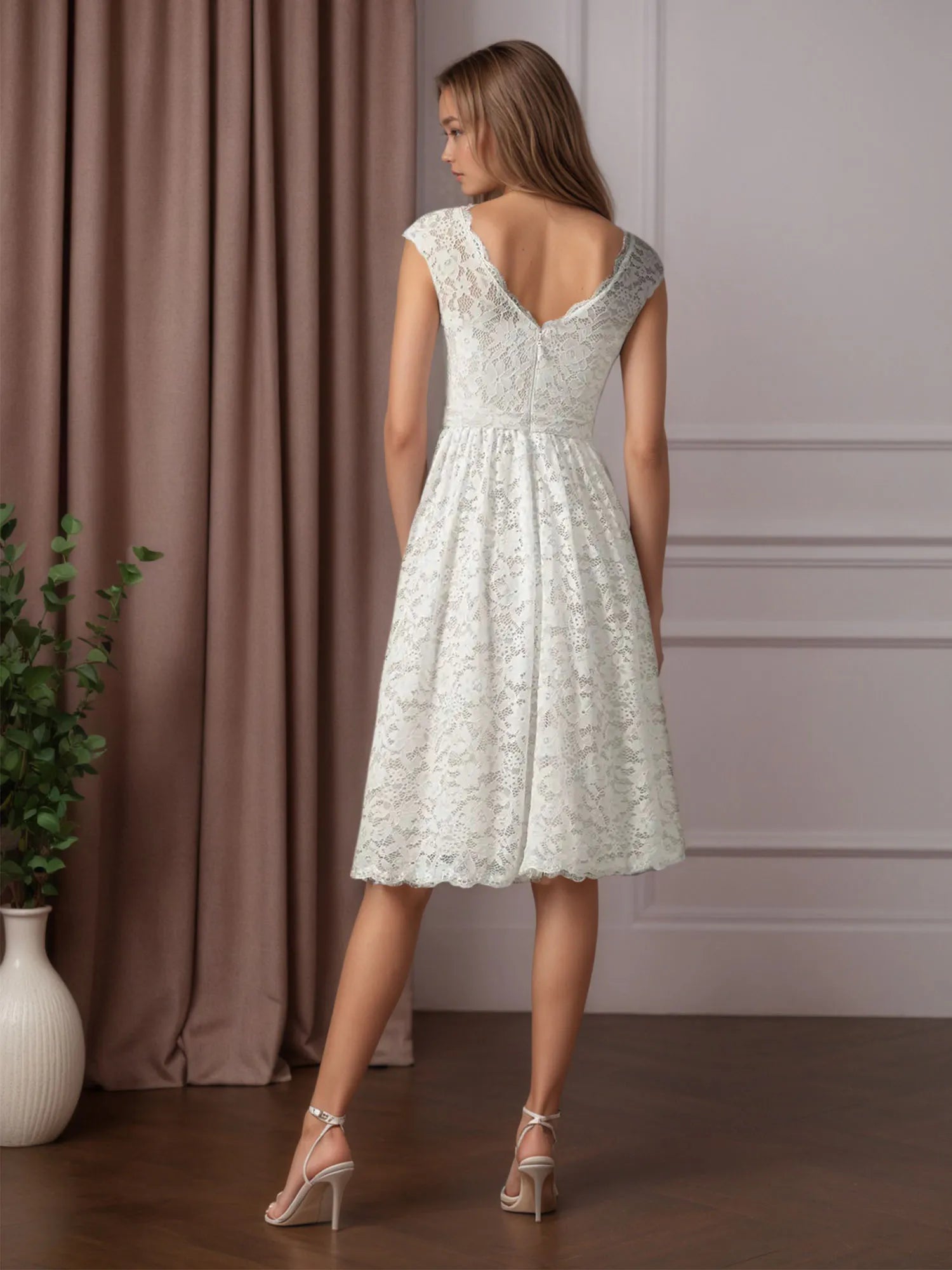 White A-Line Knee-Length Lace Wedding Dress