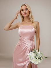 Dusty Rose Sheath/Column Satin Ruched Spaghetti Straps Sleeveless Floor Length Bridesmaid Dresses