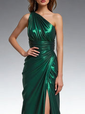 Formal Dress Emerald Green Metallic Satin One Shoulder Slit Maxi Dress