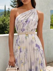 White Chiffon One Shoulder Sleeveless A-Line Midi Dress